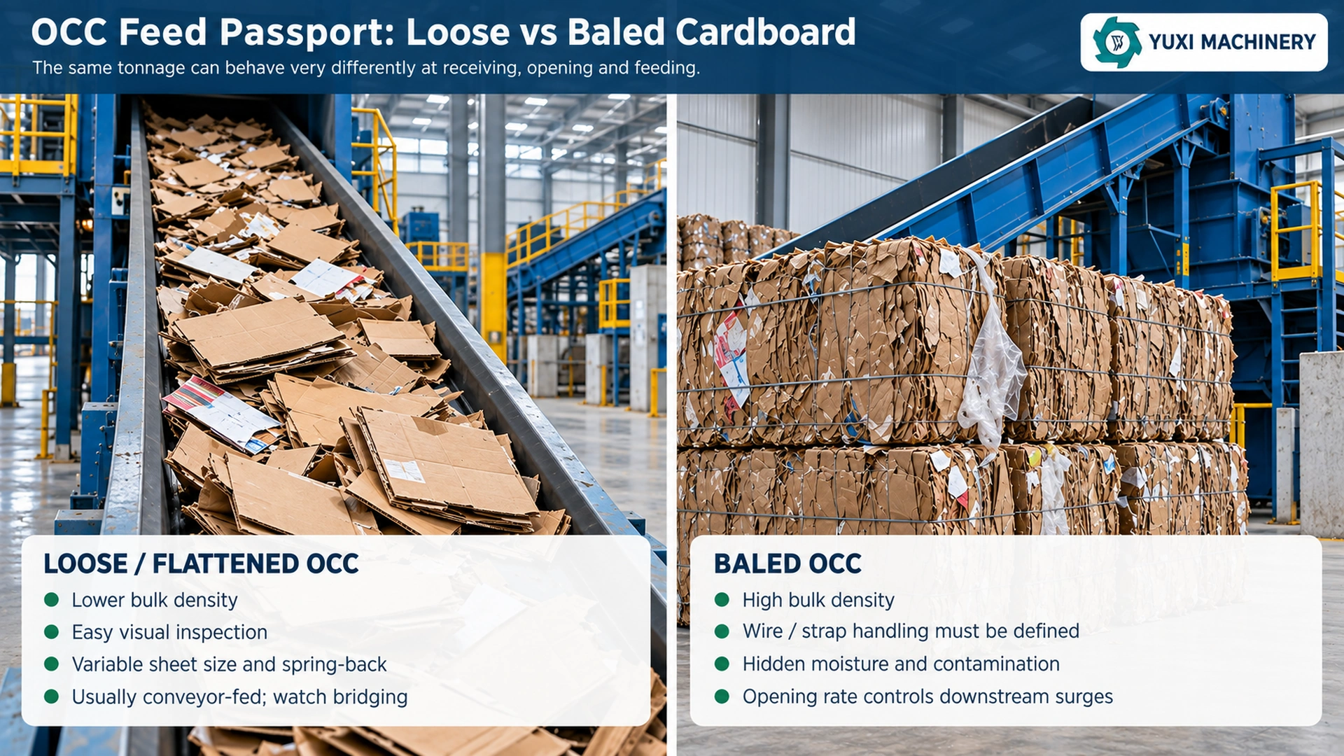 OCC feed passport comparing loose flattened cardboard with wire-tied OCC bales and the different handling requirements
