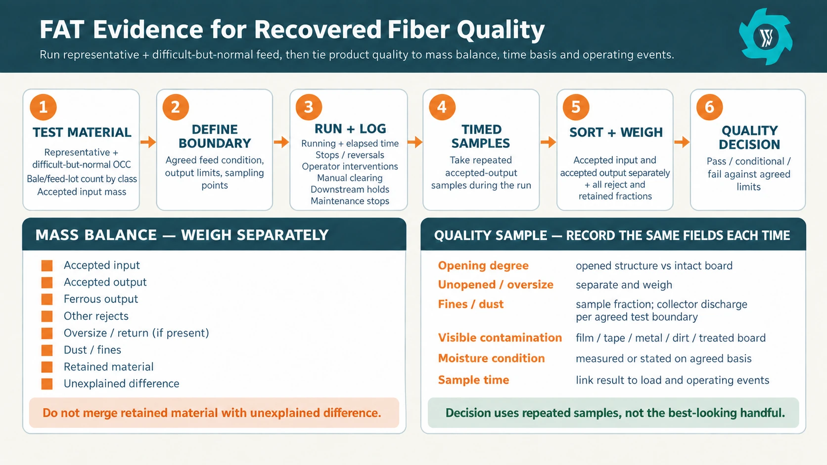 Factory acceptance test workflow for dry OCC recovered fiber quality including test material, boundary, timed samples, separate weighing and pass conditional fail decision.